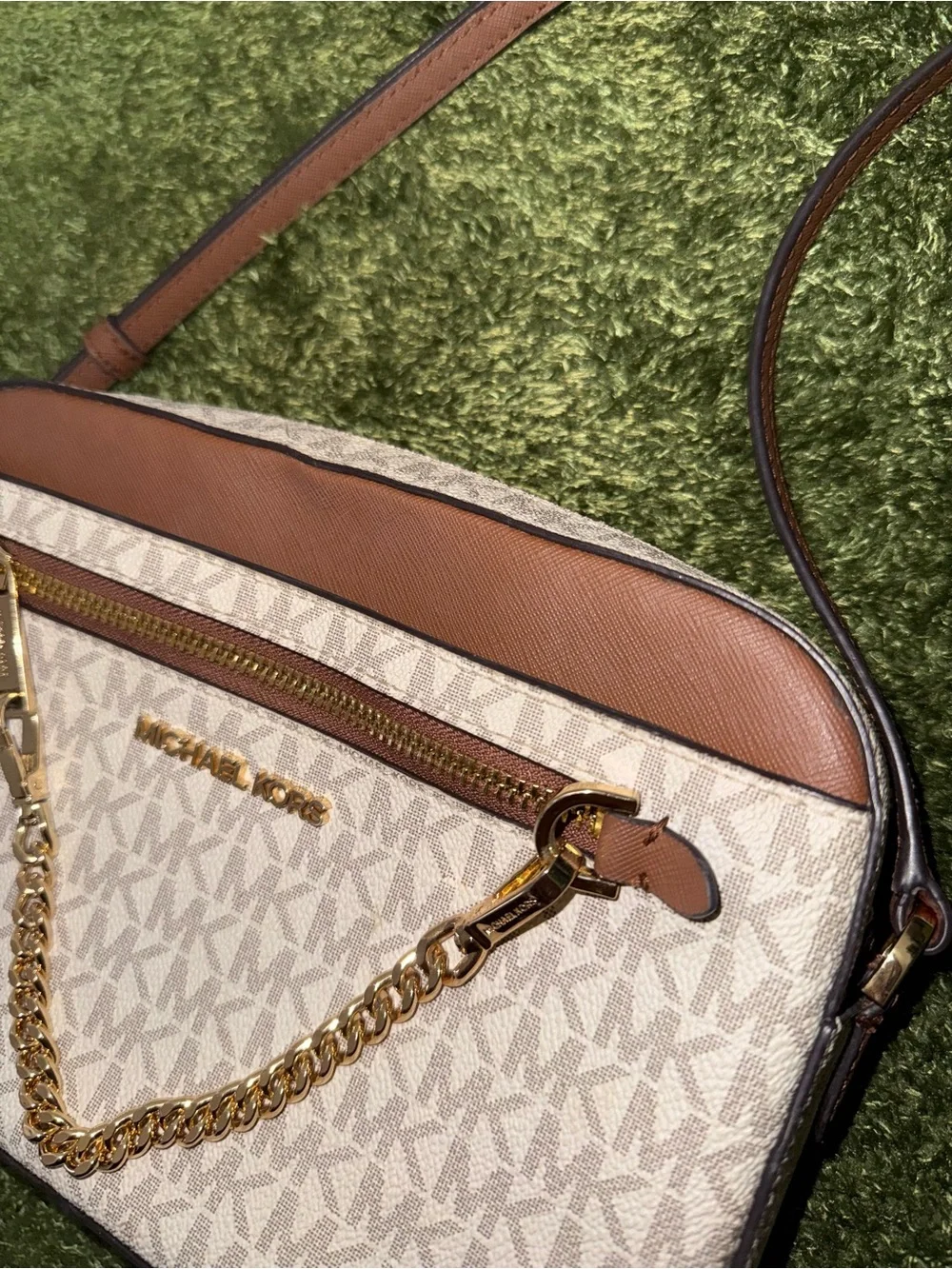 Michael Kors Beige Signature MK Crossbody with Brown Trim and Gold Chain